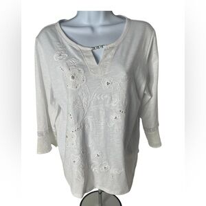 Alfred Dunner White Embroidered Lace 3/4 Sleeve Floral Blouse Sz MP